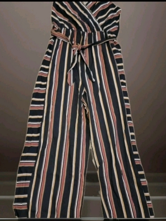 Xhilaration Pants - Xhilaration wide leg Belted  black multi stripe romper,with V back/ tie sz M
